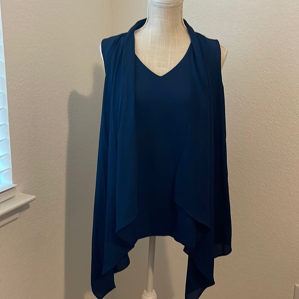 Valerie Stevens Attached Jacket Style Sleeveless Chiffon Blue Blouse Size LG